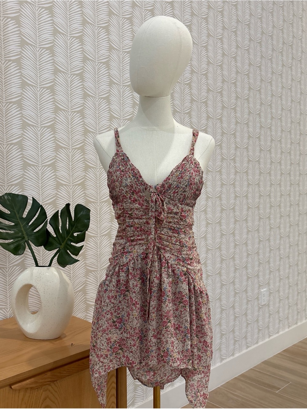 Cider Multi-Pink Floral Tie-Front Ruched Mini Dress